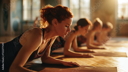 Line of people in a yoga class performing a forward bend pose, with the focus on a woman in the foreground photo