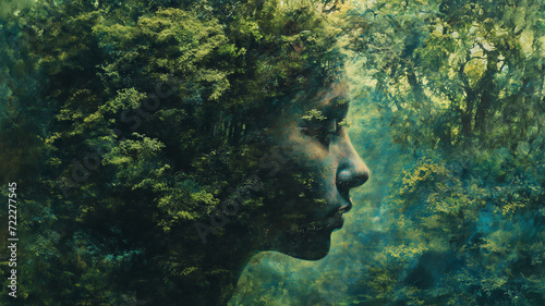 Combination of a human face with nature, green and nature with the concept of double exposure