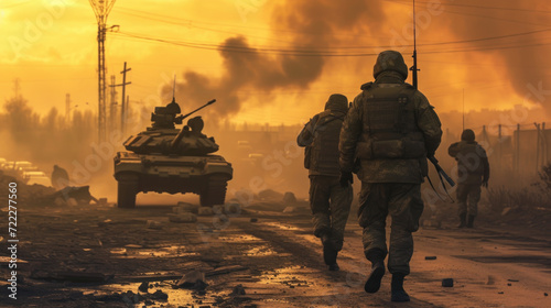 Obraz na płótnie Soldiers in War with Army Tank, Generative AI w salonie