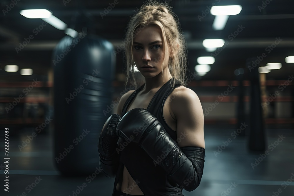 Gorgeous blonde boxing girl with gloves. Female kickboxing sportswoman in fitness center. Generate ai
