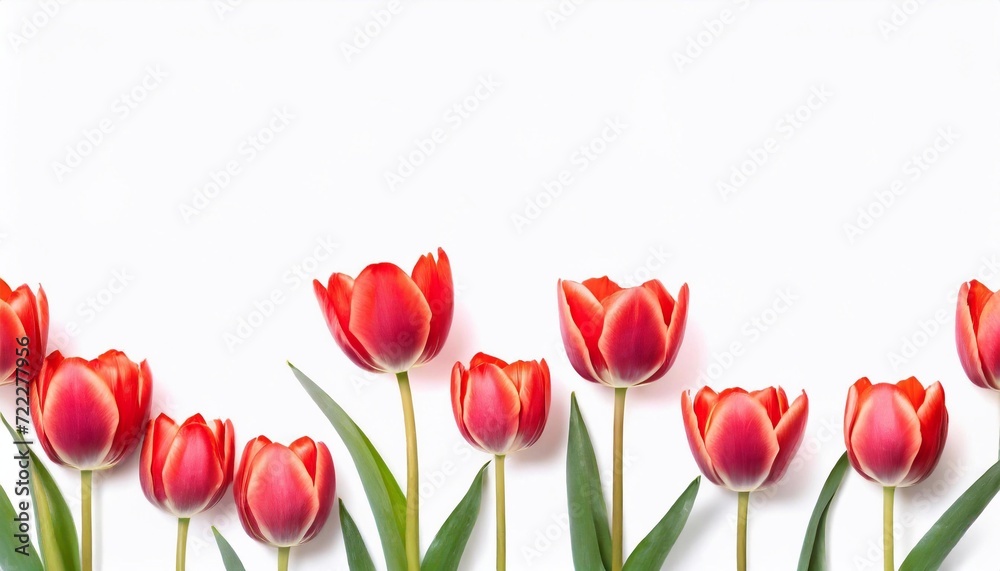Red tulips on white background. Flat lay, top view, copy space