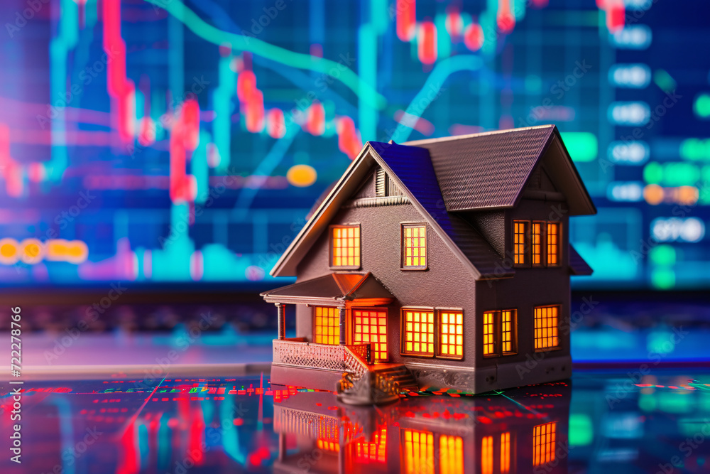 A house in front of stock charts and market graphs in the background, depicting the concept of the housing market, Real Estate Investment Trusts REITS, or the housing sector A house in front of stock charts and market graphs in the background, depicting the concept of the housing market, Real Estate Investment Trusts REITS, or the housing sector