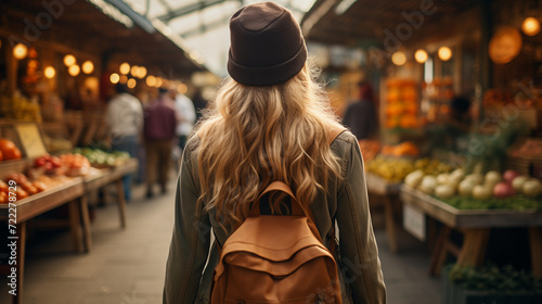 Eco-Conscious Idea and Sustainable Lifestyle: Blonde Woman Shopping for Vegetables at the Local Market.