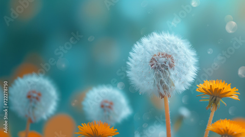 Close-up of Dandelion (Blowball) and Seeds in a Green Meadow. Spring and Summer Floral Wallpaper.