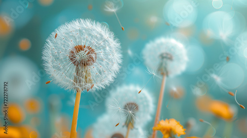 Close-up of Dandelion  Blowball  and Seeds in a Green Meadow. Spring and Summer Floral Wallpaper.