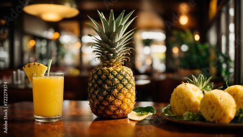 pineapple juice in a glass decorated with pieces of pineapple