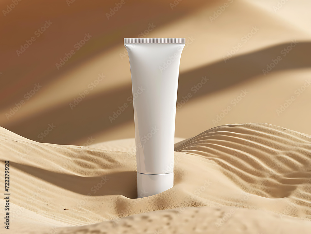 Realistic mockup of cosmetic tube standing on sand, cosmetic tube in a desert environment, cosmetic tube on beach sand. Created with Generative AI. Realistic mockup of cosmetic tube standing on sand, cosmetic tube in a desert environment, cosmetic tube on beach sand. Created with Generative AI.