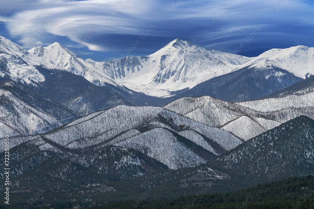 Winter landscape of the snow flocked Sangre de Cristo Mountains, Colorado, USA