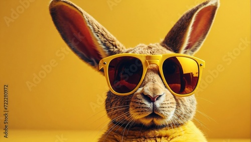 Abstract clip-art of rabbit wearing trendy sunglasses. Cool bunny with sunglasses on yellow background. Contemporary colorful background with copy space. For posters, planners, illustration. 