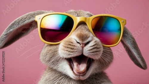 Abstract clip-art of rabbit wearing trendy sunglasses. Cool bunny with sunglasses on colorful pink background. Contemporary colorful background with copy space. For posters, planners, illustration. 