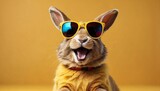 Abstract clip-art of rabbit wearing trendy sunglasses. Cool bunny with sunglasses on yellow background. Contemporary colorful background with copy space. For posters, planners, illustration.  
