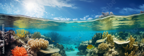 Over and under the sea with cloudy blue sky reflected on water surface and underwater a colorful coral reef with tropical fish photo