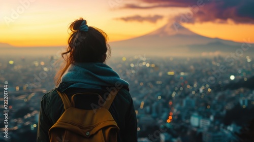 Woman looks out at morning city view with mountain peak