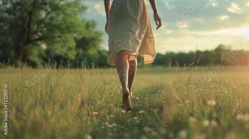 Fototapeta Naklejka Na Ścianę i Meble -  Woman in dress walks on the grass barefoot