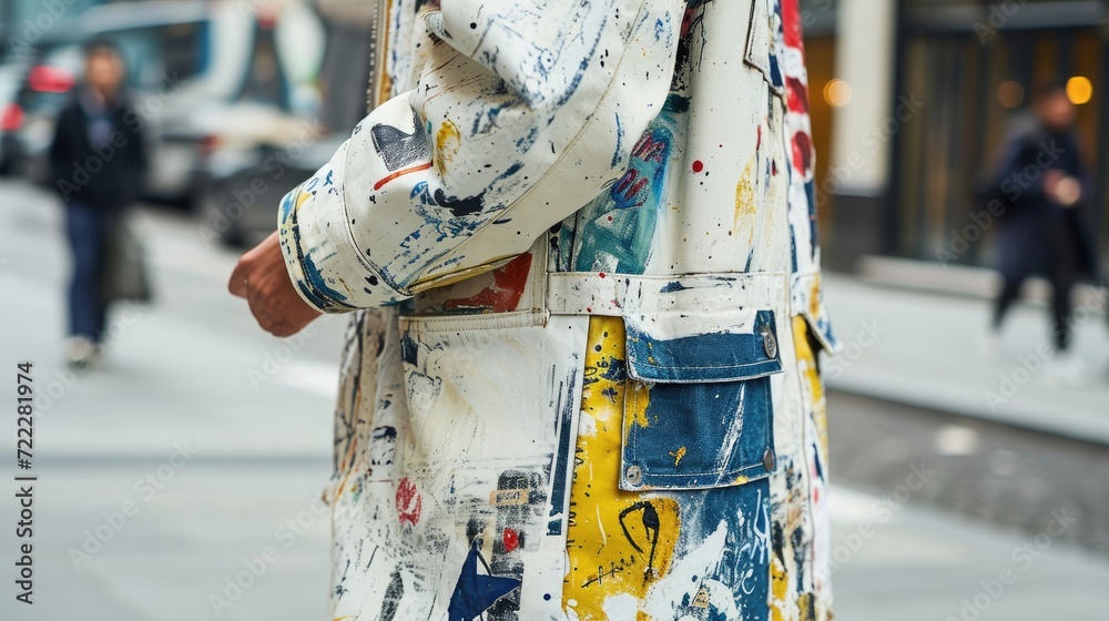 A close-up of a person wearing a trench coat with an abstract design of paint splatters, symbolizing artistic street fashion and creative expression.