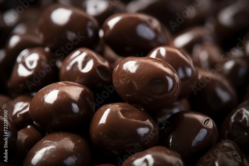 Chocolate covered dried raisins delight. Delectable sweet cocoa candy dessert treat. Generate ai