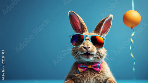 Abstract clip-art of rabbit wearing trendy sunglasses. Cool bunny with sunglasses on colorful blue background. Contemporary blue background with copy space. For posters, planners, illustration. 