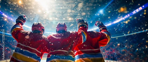 Rear of Ice hockey players celebrate inside hockey arena. Winner of the competition. Sport and Teamwork concept. AI generative photo