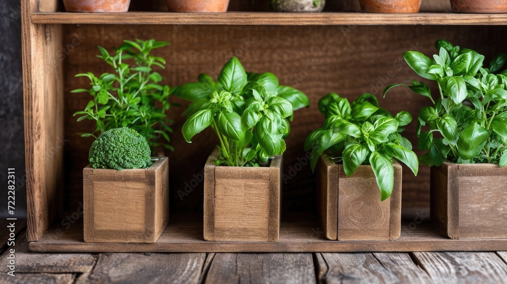 Variety of young herb plants, including mint and basil, growing in black pots on a wooden surface.