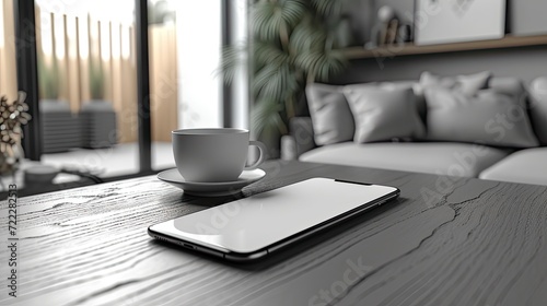 Mockup image of smartphone with blank white screen on the table in living room, digital menu concept.