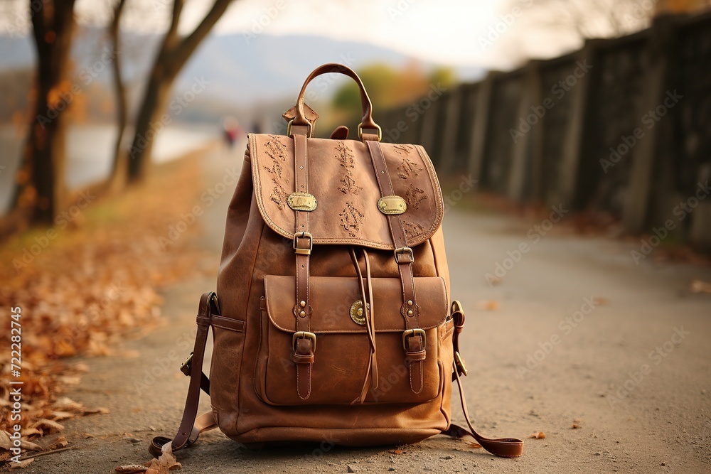 Brown leather backpack on a sidewalk with autumn leaves in a blurred natural background Brown leather backpack on a sidewalk with autumn leaves in a blurred natural background