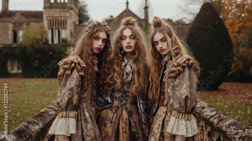 Three models in Victorian-inspired attire pose with elegance against the backdrop of a grand estate's manicured garden.
