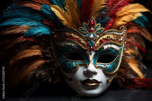 Luxury carnival venetian masks decorated with feathers, gold, and jewelry. Close up. Generative Ai