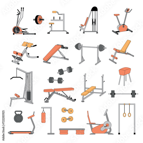 Gym equipment. Sport tools for exercises fitness set of barbells and dumbbells recent vector flat style illustrations