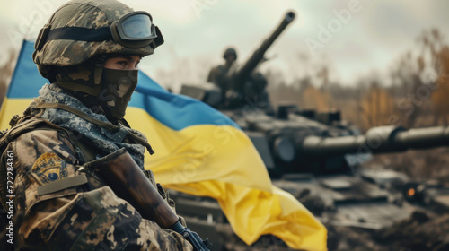 Ukraine Soldiers United: Flag of Strength in the Background, Generative AI