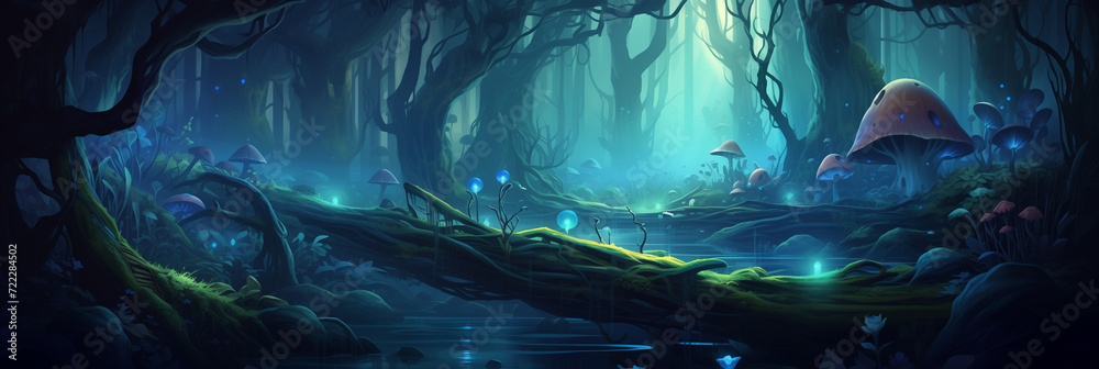 Dark Mysterious Forest. Background image 3808x1280 pixels. Neo Game Art 003
