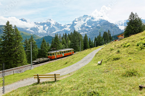 Scenery of a local train traveling on the narrow gauge railway by the green grassy hillside, with majestic Eiger, Monch & Jungfrau mountains in background, near Murren in Bernese Oberland, Switzerland