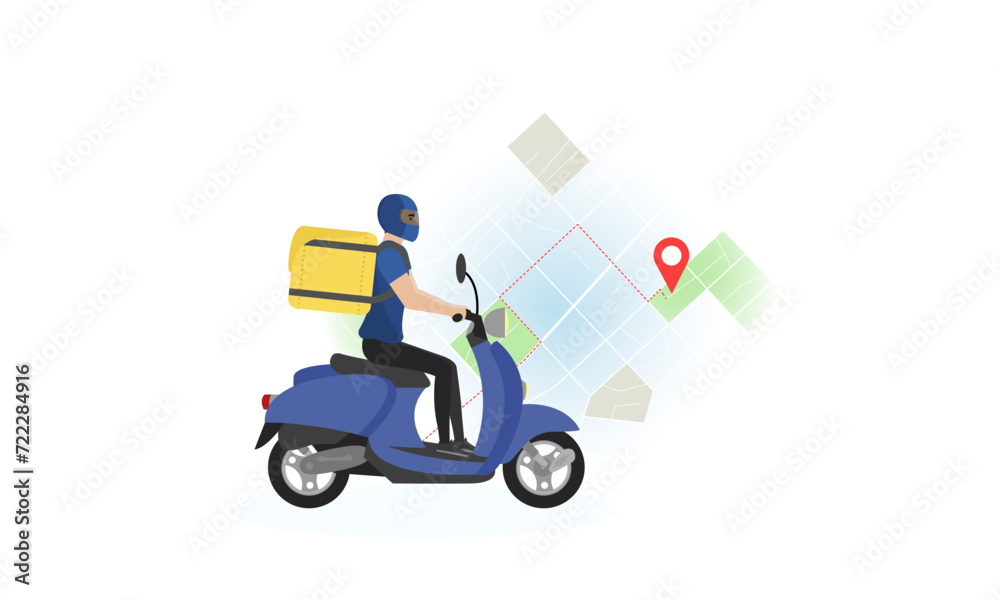 Delivery man illustration. A young guy with a backpack rides a scooter against the background of a map with a route. Fast delivery. Delivery service.