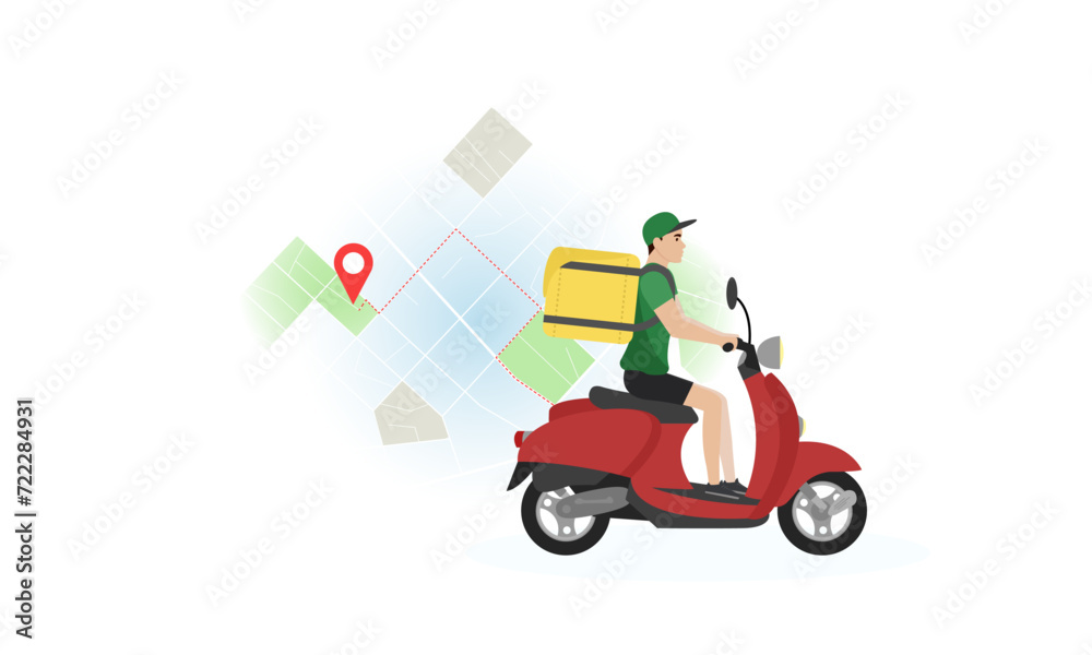 Delivery man illustration. A young guy with a backpack rides a scooter against the background of a map with a route. Fast delivery. Delivery service. Delivery man illustration. A young guy with a backpack rides a scooter against the background of a map with a route. Fast delivery. Delivery service.