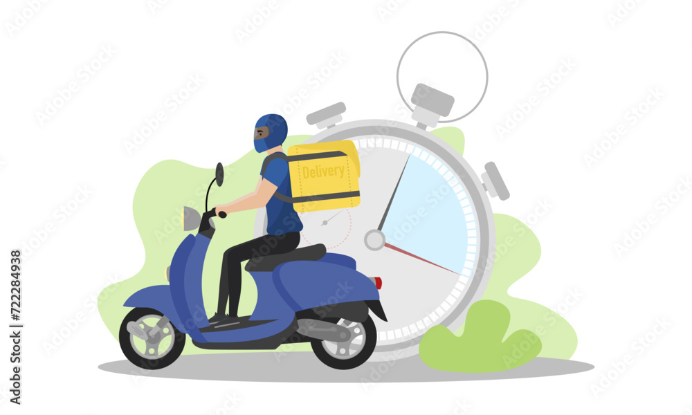 Delivery man illustration. A young guy with a backpack rides a scooter. Fast delivery. Delivery service. Delivery man illustration. A young guy with a backpack rides a scooter. Fast delivery. Delivery service.