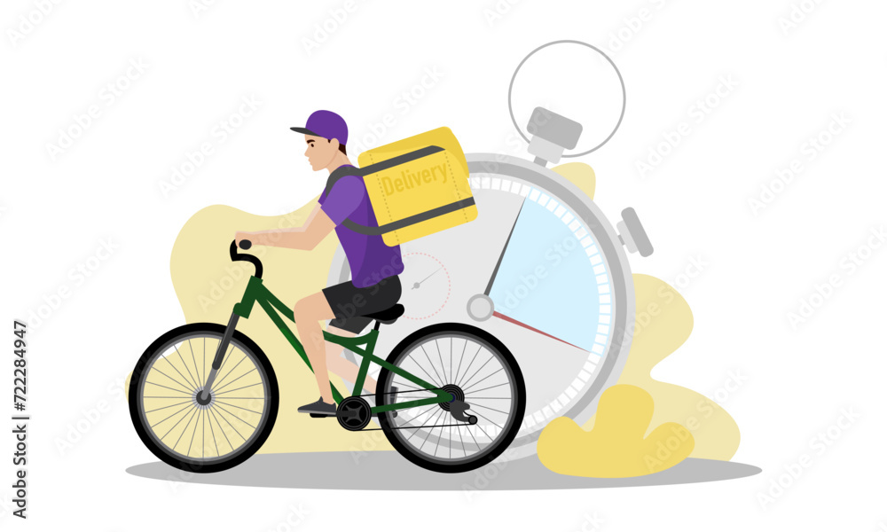 Delivery man illustration. A young guy with a backpack rides a bicycle. Fast delivery. Delivery service.