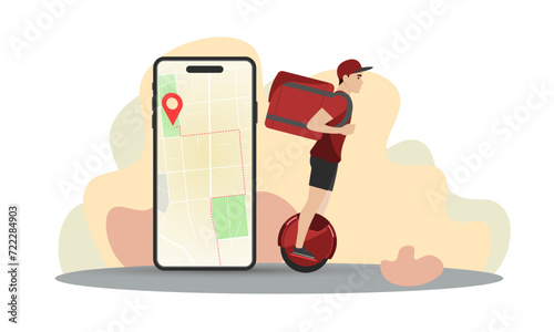 Delivery man illustration. A young guy with a backpack rides an electric unicycle. Fast delivery. Delivery service.