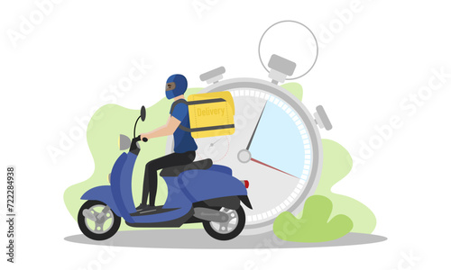 Delivery man illustration. A young guy with a backpack rides a scooter. Fast delivery. Delivery service.