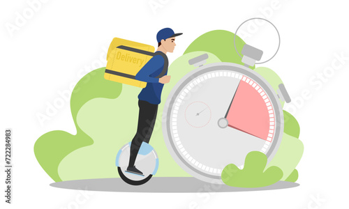 Delivery man illustration. A young guy with a backpack rides an electric unicycle. Fast delivery. Delivery service.