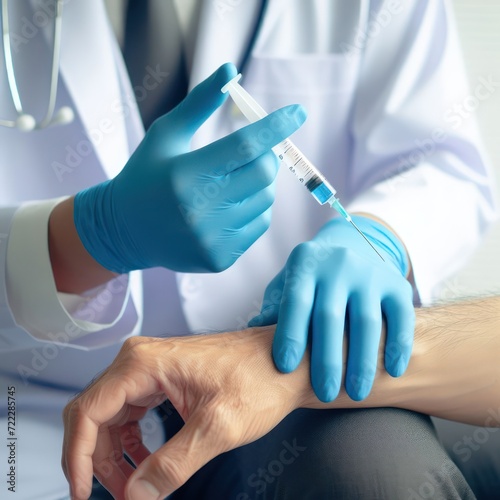 doctors hand holding a medical syringe while injecting on patient skin on solid white background. ai generative