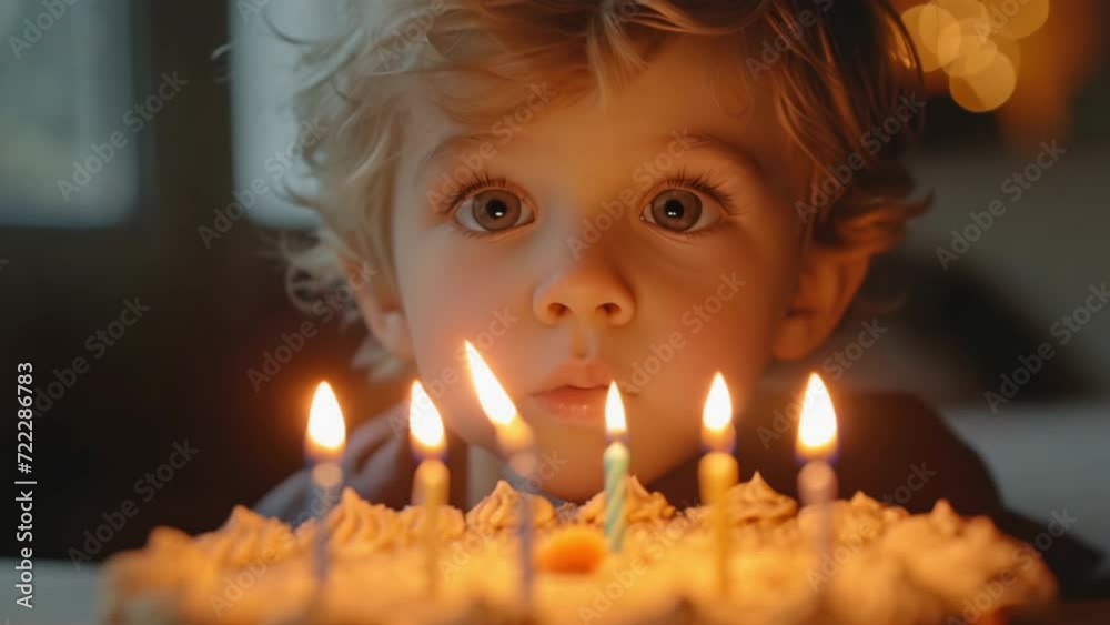 Cute little kid make wish and blow at birthday cake close up. Fun child party. Happy boy celebrate holiday at home. Sweet dessert with candles. Joyful childhood. Cozy home atmosphere. Fire light.
