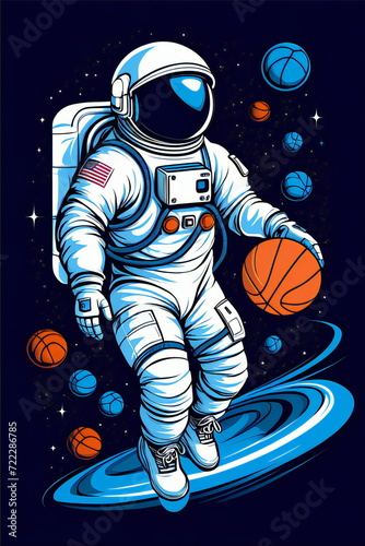 An astronaut in the space with dark background holding a basketball and other basketballs floating behind him.