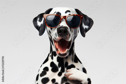 dalmatian dog wear hoody with surprised face wear sunglasses isolated on solid white background. ai generative