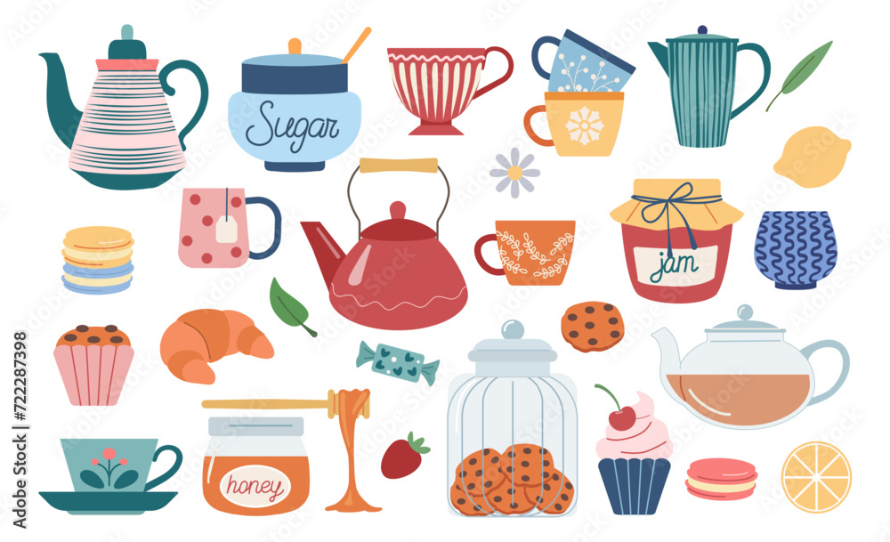 Tea cups. Cute utensil. Ceramic mug with plate. Hot drink or candy biscuits time. Pottery teapot. Cafe tableware. Kettle and cookies container. Sugar and lemon. Vector illustration set
