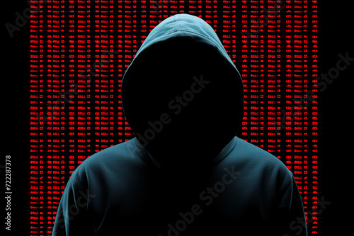 Hacker. Unrecognizable person in the hood break computer binary code