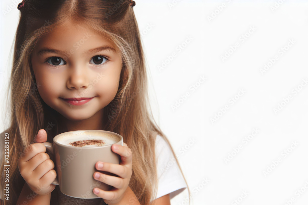 Portrait of a cute little girl drinking coffee isolated on a white background. ai generative Portrait of a cute little girl drinking coffee isolated on a white background. ai generative