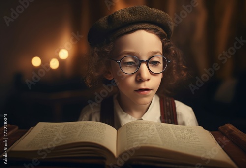 School boy reading torah. Young child with transparent glasses and curly hair. Generate AI photo