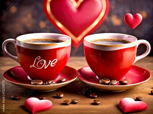 Coffee. A pair of mugs for lovers. Love. Valentine's Day. Birthday. March 8. Winter. Spring. A beautiful couple. Cafe.