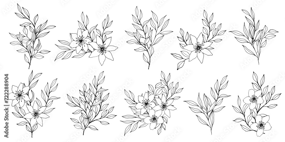 vector composition with flower, leaves and branch. Elegant art for decoration. ink hand drawing monochrome botanical illustration for backgrounds. Template for wedding cards, polygraph, logo, tattoo - obrazy, fototapety, plakaty 