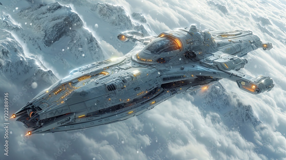 Fototapeta premium spaceship flying above the clouds. 3d illustration of fantasy futuristic spaceship.