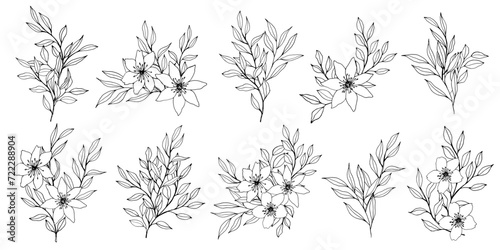 vector composition with flower  leaves and branch. Elegant art for decoration. ink hand drawing monochrome botanical illustration for backgrounds. Template for wedding cards  polygraph  logo  tattoo